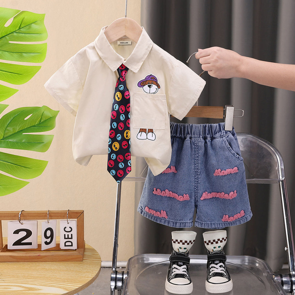 Boys Beige Shirt with Printed Tie & Patchwork Denim Shorts Set Sets Beige 1-2 Y