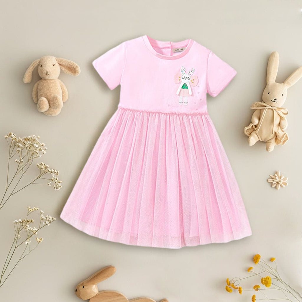 Girls Applique Fit & Flare Tulle Overlay Dress Casual Dresses Pink 1-2 Y 