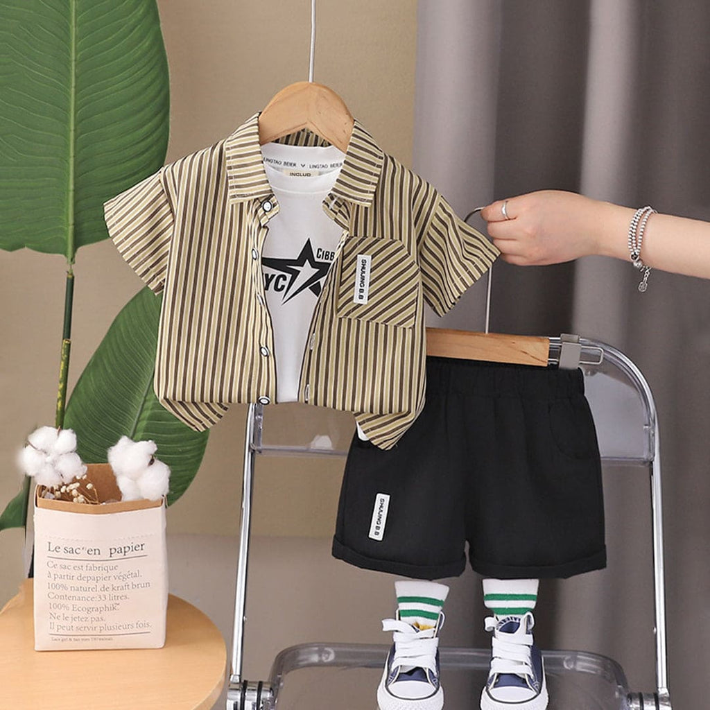 Boys Striped Shirt With T-Shirt And Shorts 3 pc. Sets Brown 1-2 Y 