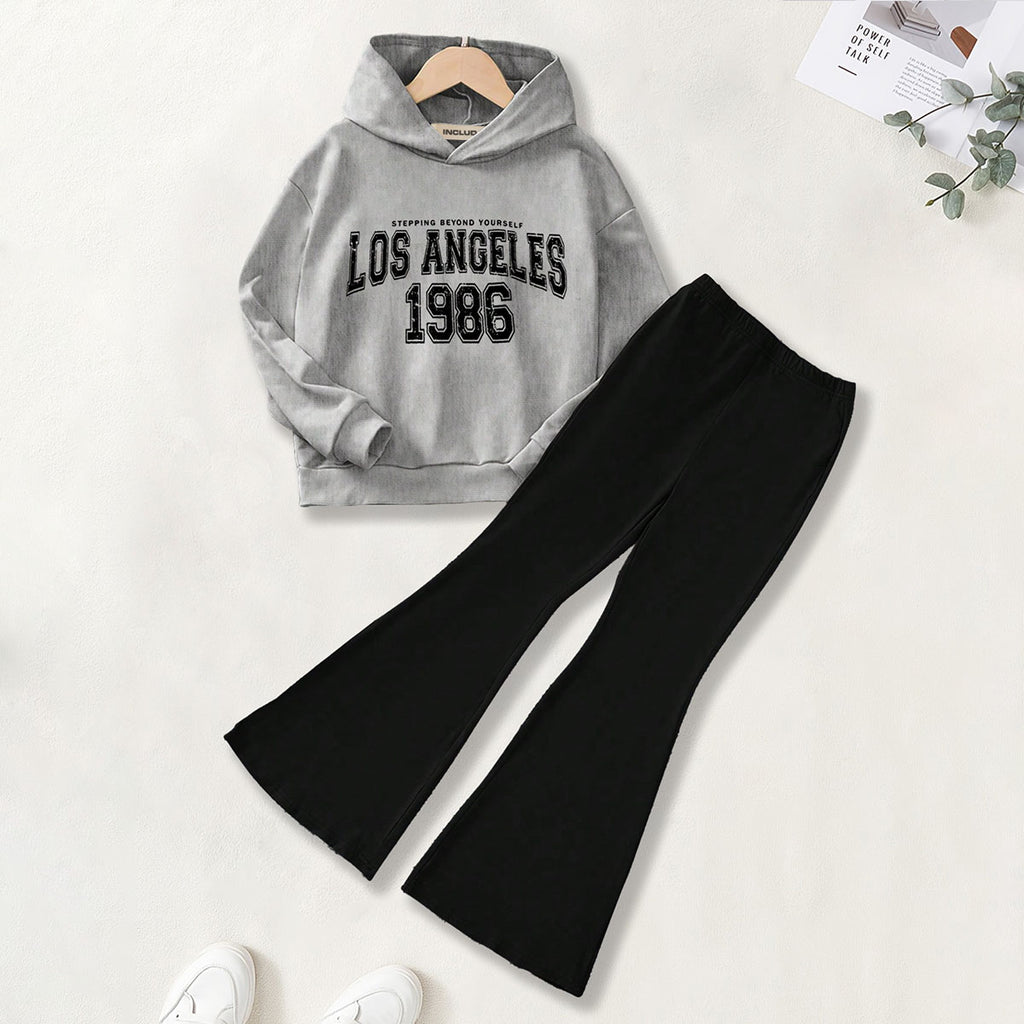 Girls Grey Alphanumeric Printed Hooded Sweatshirt With Pants sets 2 pc. Sets Grey 7-8 Y