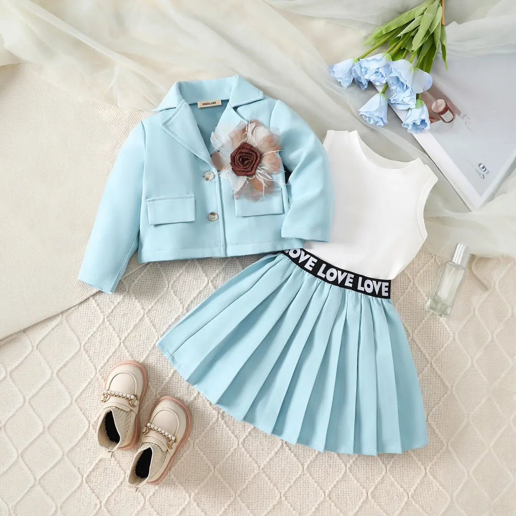 Girls Light Blue Flower Applique Jacket With T-Shirt & Skirt Sets Sets Light Blue 2-3 Y