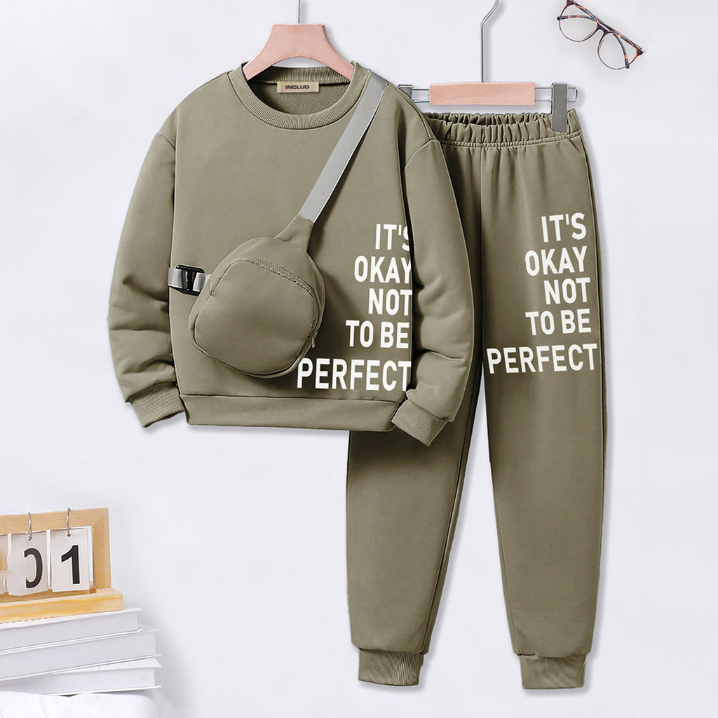 Boys Green Typographic Printed Sweatshirt With Sling Bag & Jogger Sets Sets Green 7-8 Y
