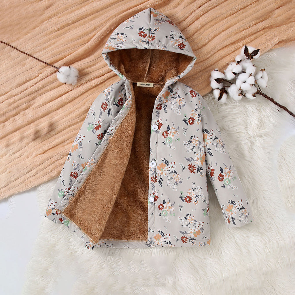 Girls Grey Floral Printed Hooded Front Open Winter Jacket Coats & Jackets Grey 3-4 Y