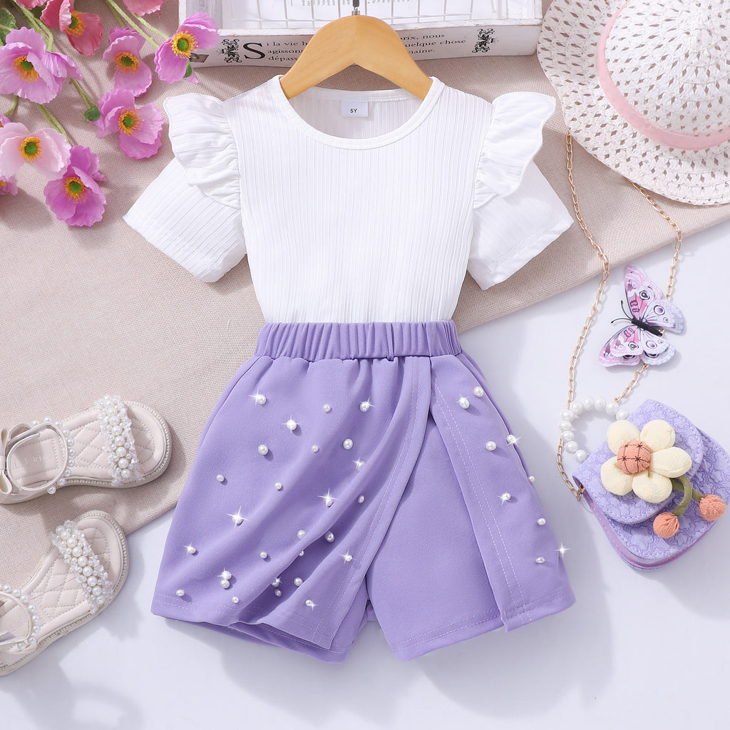 Girls Short Sleeve T-Shirt With Purple Beaded Shorts Set 2 pc. Sets Purple 2-3 Y