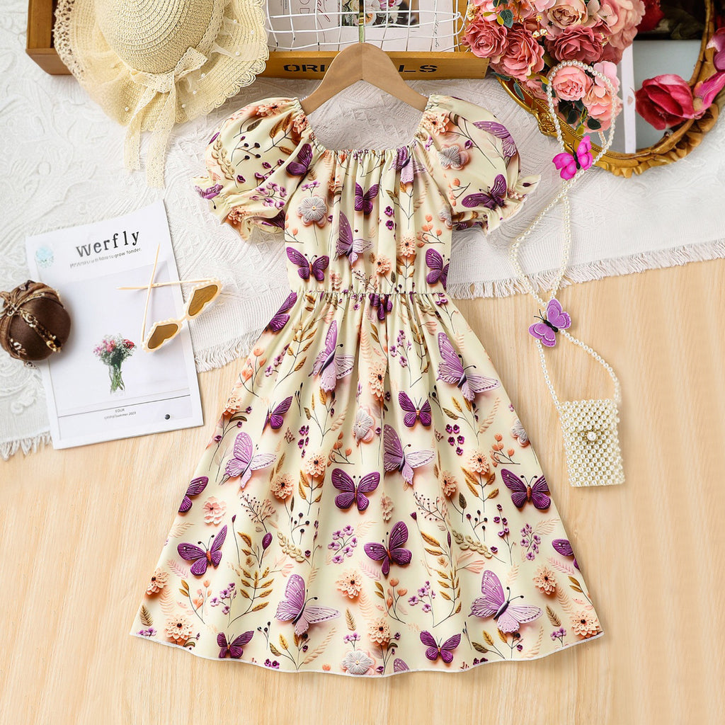 Girls Yellow Butterfly Printed Puff Sleeves Fit And Flared Summer Casual Dress Casual Dresses Yellow 3-4 Y