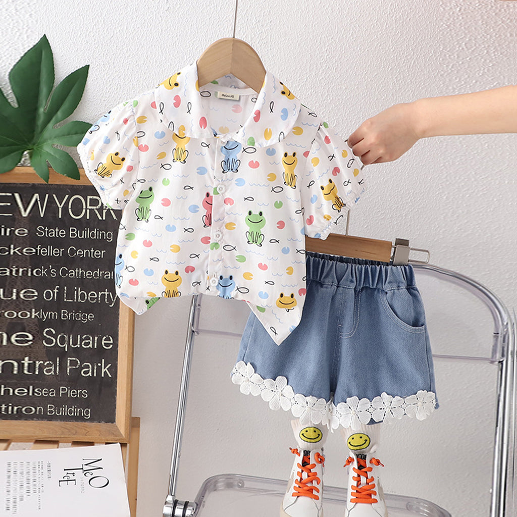 Girls Printed Shirt with Denim Shorts Set Sets White 1-2 Y 