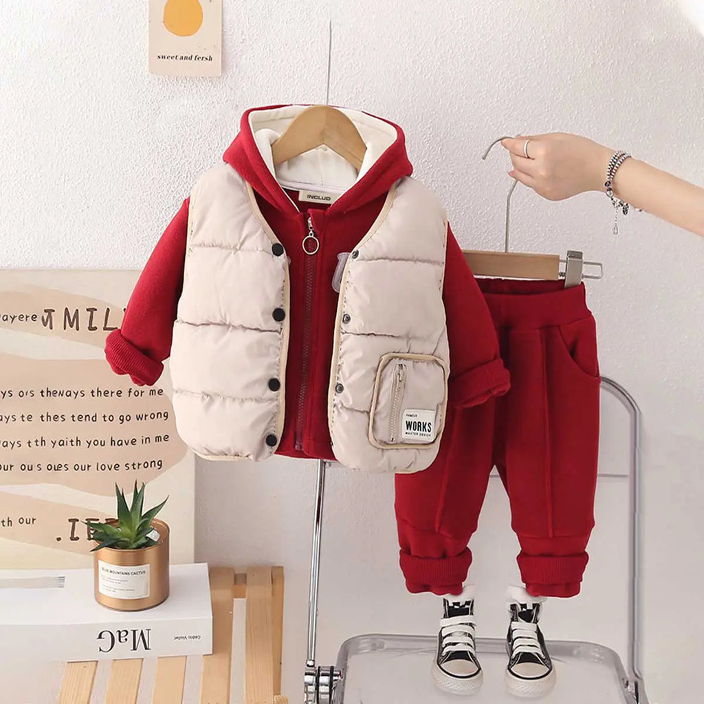 Boys Red Fleece Hooded Zipper Jacket With Puffer Vest & Jogger Sets Sets Red 1-2 Y