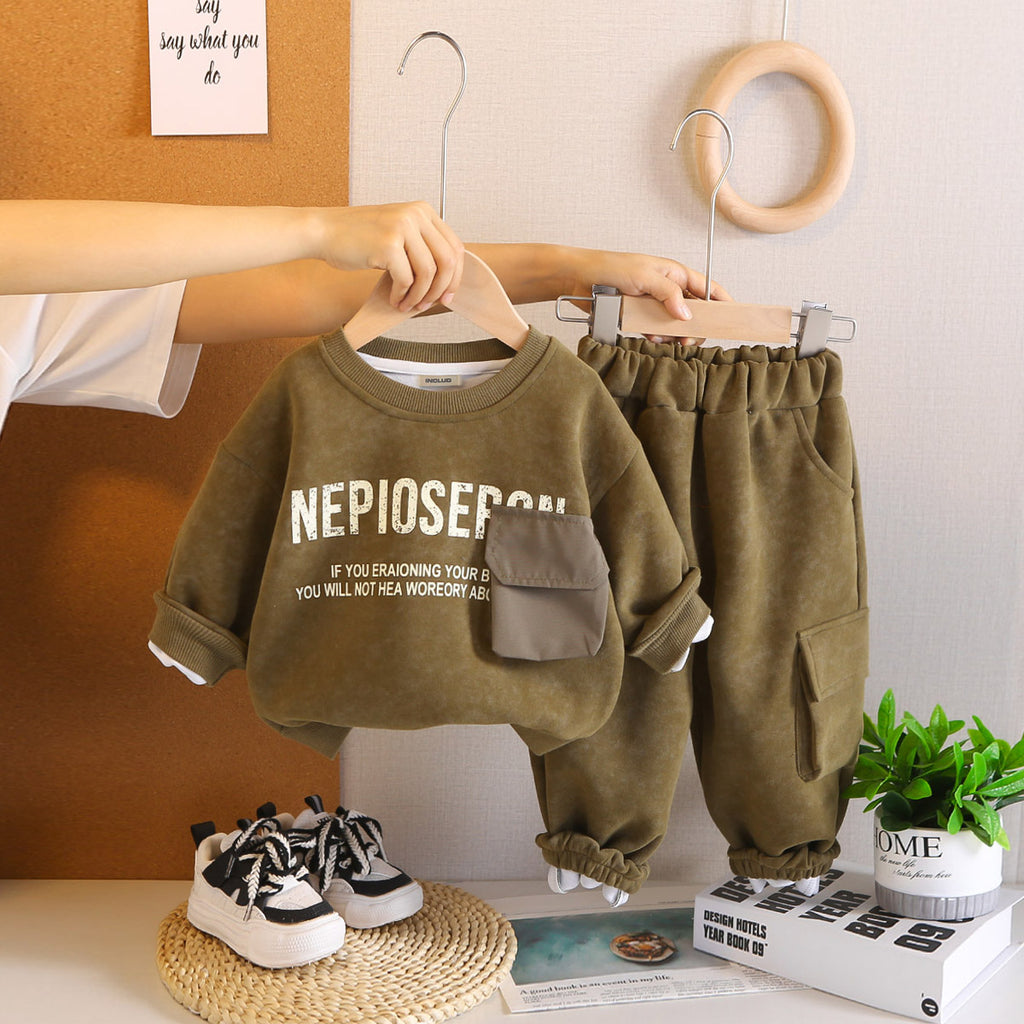 Boys Green Typographic Printed Sweatshirt With Joggers Co-ord Set 2 pc. Sets Green 1-2 Y