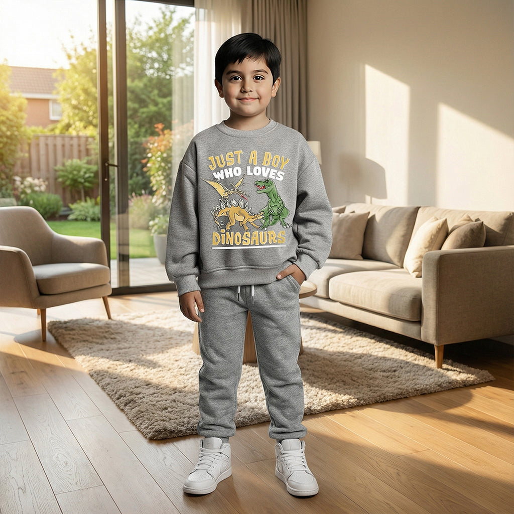 Boys Grey Dinosaur Graphics Round Neck Sweatshirt With Joggers Sets 2 pc. Sets Grey 1-2 Y