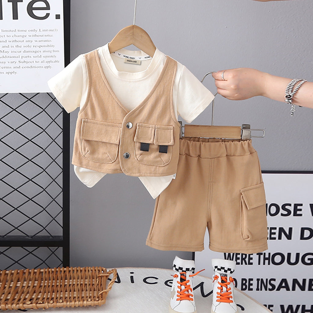 Boys Khaki Short Sleeves Attached Waistcoat T-Shirt With Shorts Set 2 pc. Sets Khaki 1-2 Y