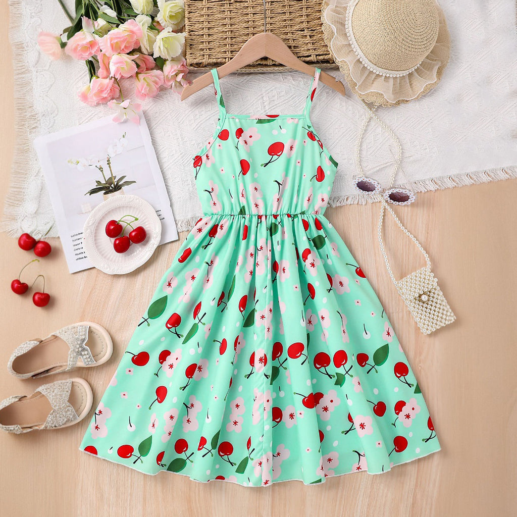 Girls Green Cherry Print Sleeveless Fit & Flare Casual Dress Casual Dresses Green 3-4 Y