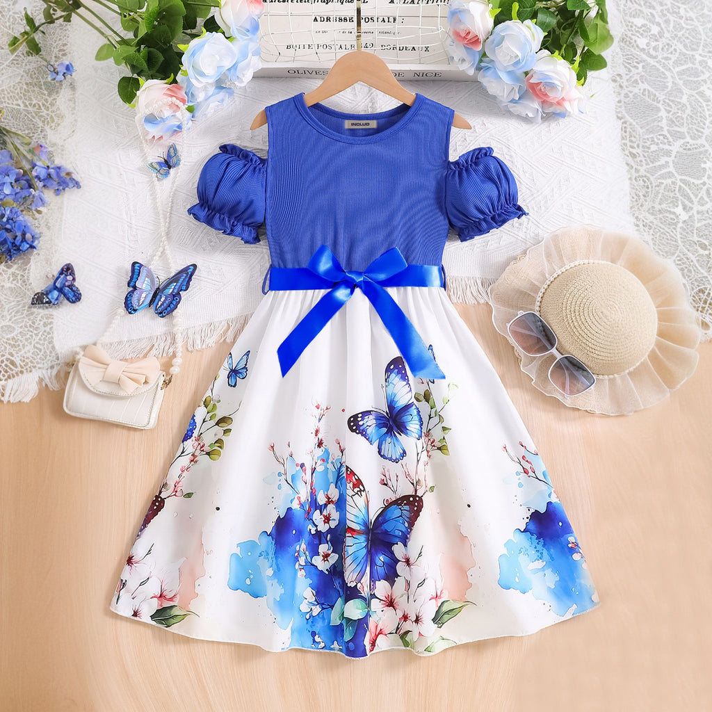 Girls Blue Butterfly Printed Cold Shoulder Fit And Flared Midi Dress Casual Dresses Blue 3-4 Y