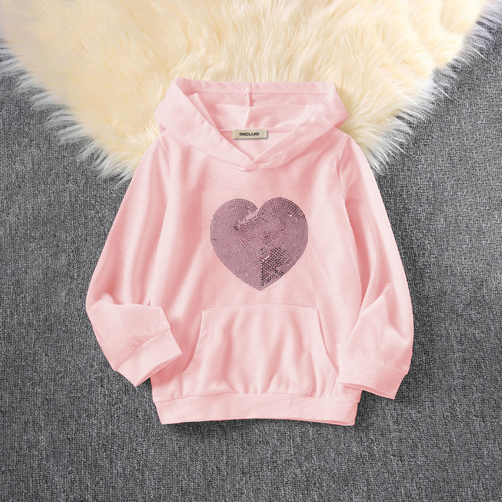 Girls Pink Heart Embroidered Winter Hoodies Sweatshirts Sweatshirts & Hoodies Pink 5-6 Y