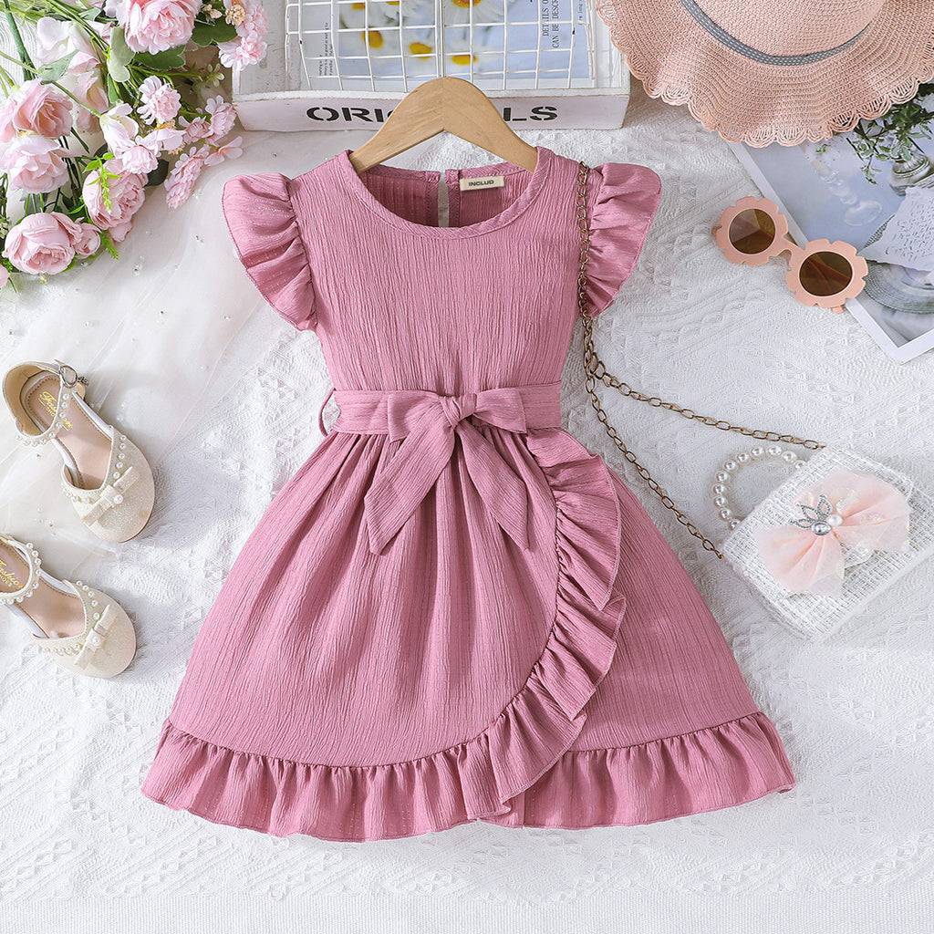Girls Pink Flutter Sleeves Bottom Ruffled Dress Casual Dresses