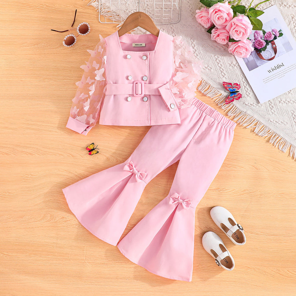 Girls Pink Butterfly Applique Sleeves Summer Blazer With Flared Pants Set 2 pc. Sets Pink 2-3 Y