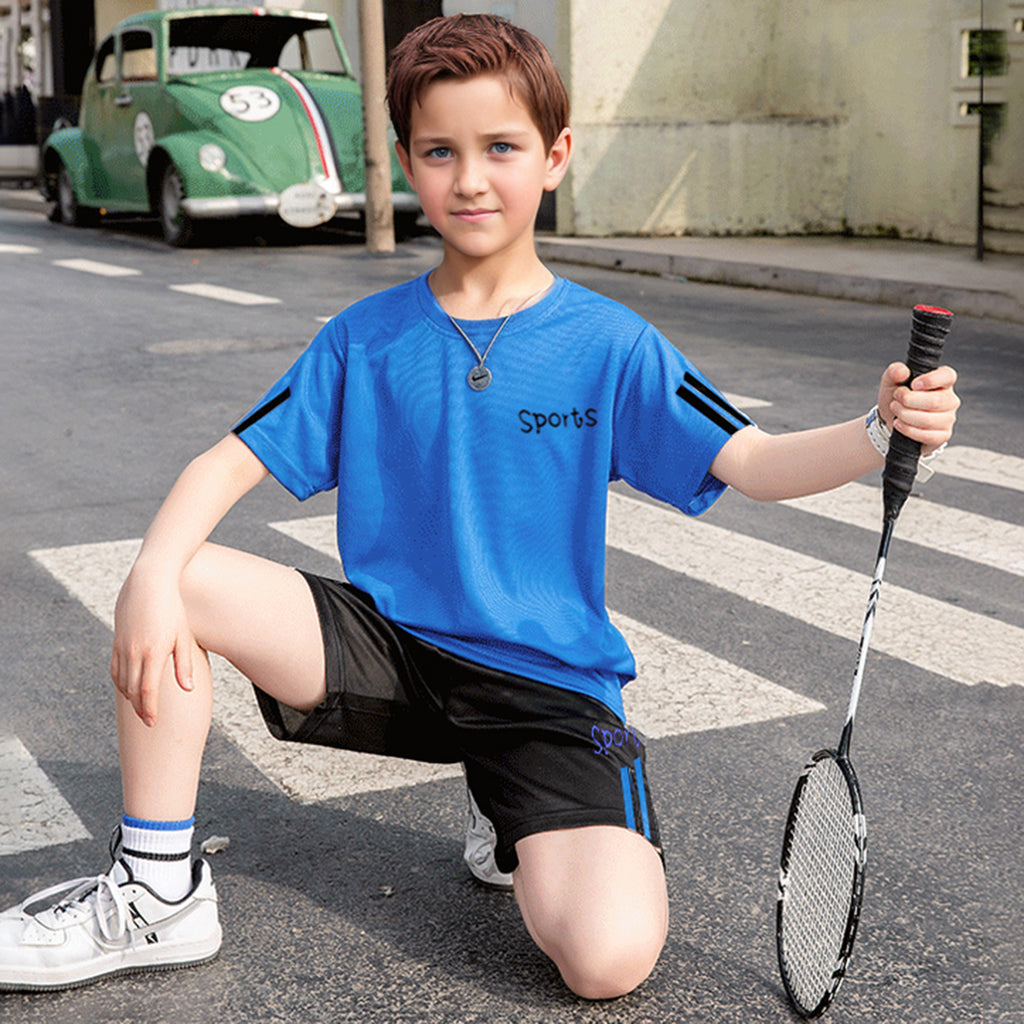 Boys Blue Solid Summer Short Sleeves T-shirt with Shorts Set 2 pc. Sets Blue 5-6 Y