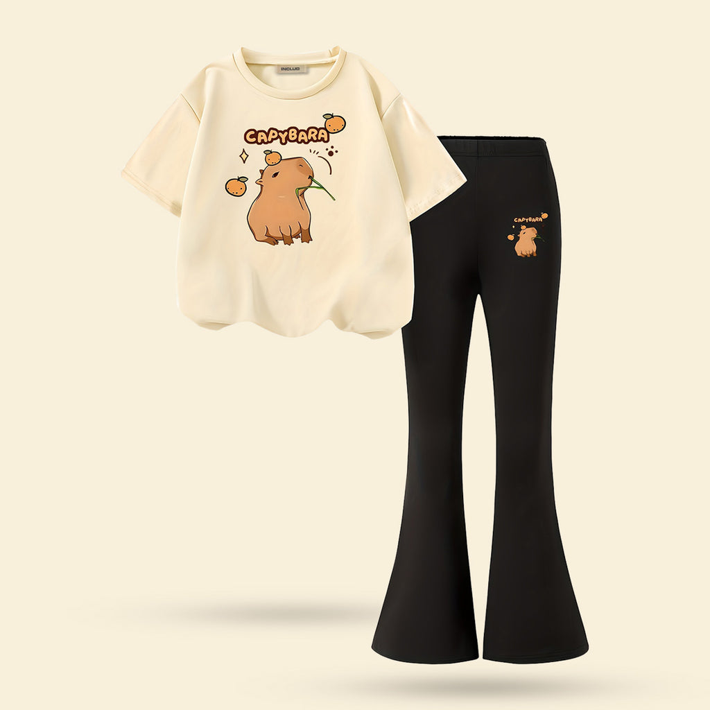 Girls Apricot Cartoon Graphic Short Sleeve Top With Bell Bottom Pants Set 2 pc. Sets Apricot 7-8 Y