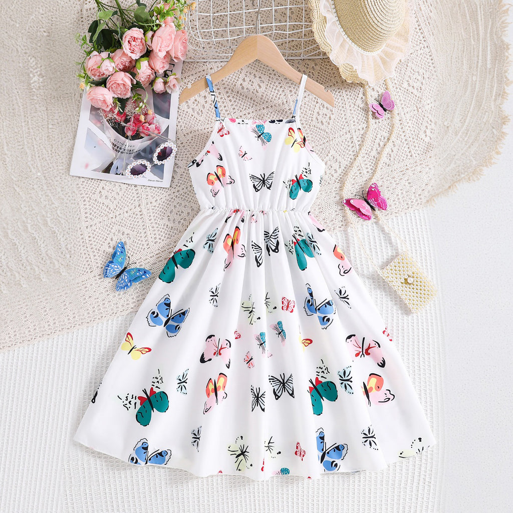 Girls White Butterfly Print Sleeveless Fit & Flare Casual Dress Casual Dresses White 3-4 Y