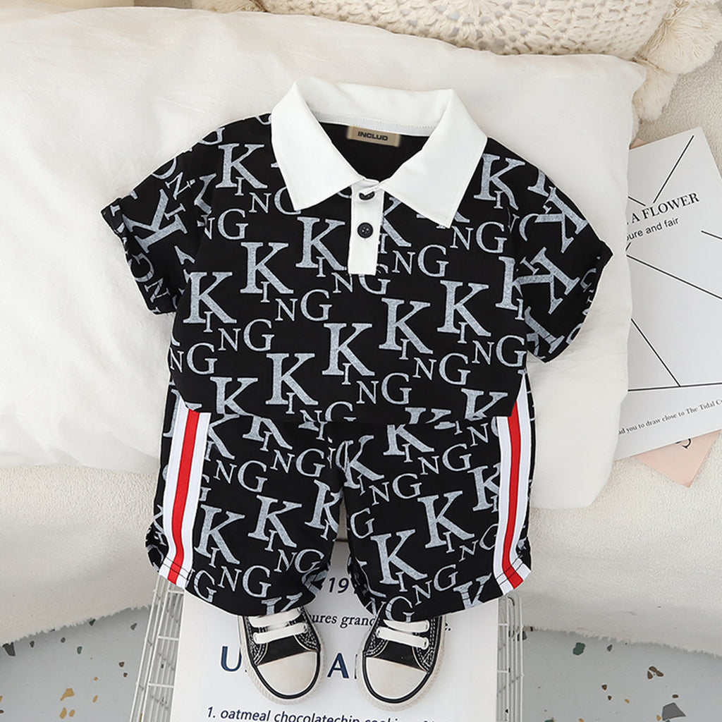 Boys Black Printed Polo T-Shirt With Shorts Set 2 pc. Sets Black 1-2 Y