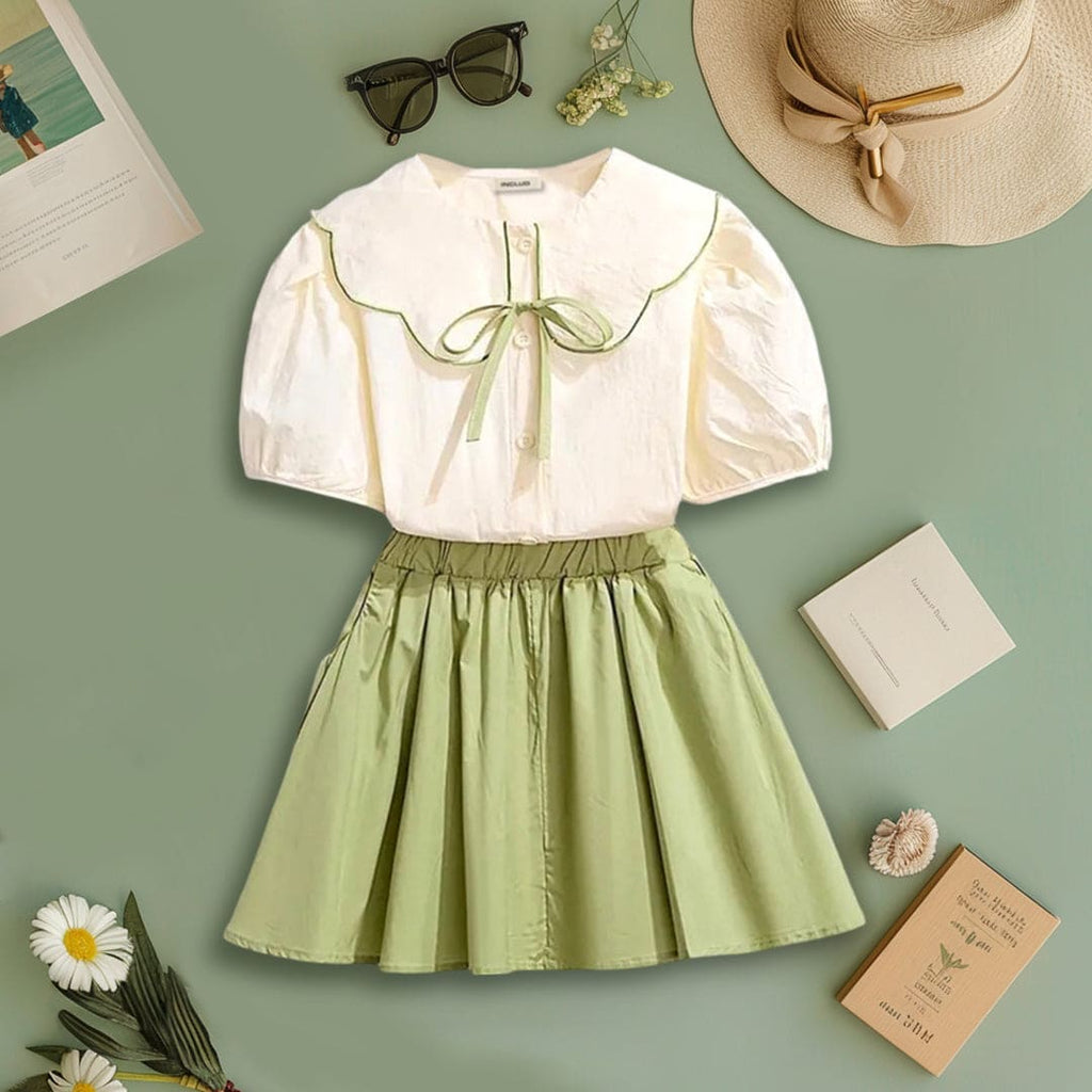 Girls Puff Sleeves Peter Pan Collar Top With Skirt Sets Green 4-5 Y 