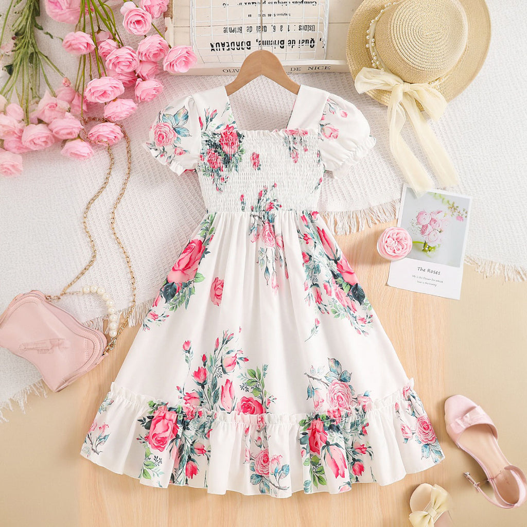 Girls Off White Rose Floral Printed Puff Sleeves Smocked Fit & Flare Dress Casual Dresses