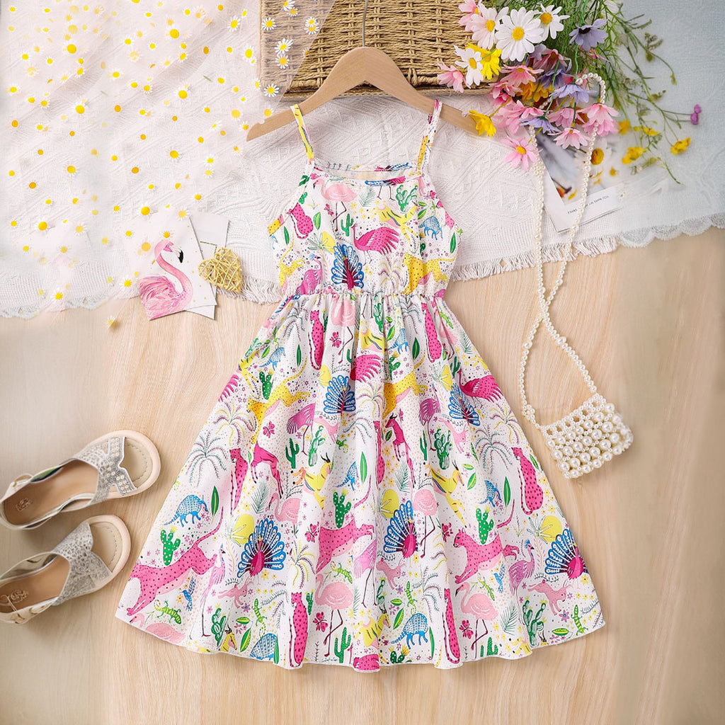 Girls Multicolor Flora & Fauna Print Sleeveless Fit & Flare Dress Casual Dresses