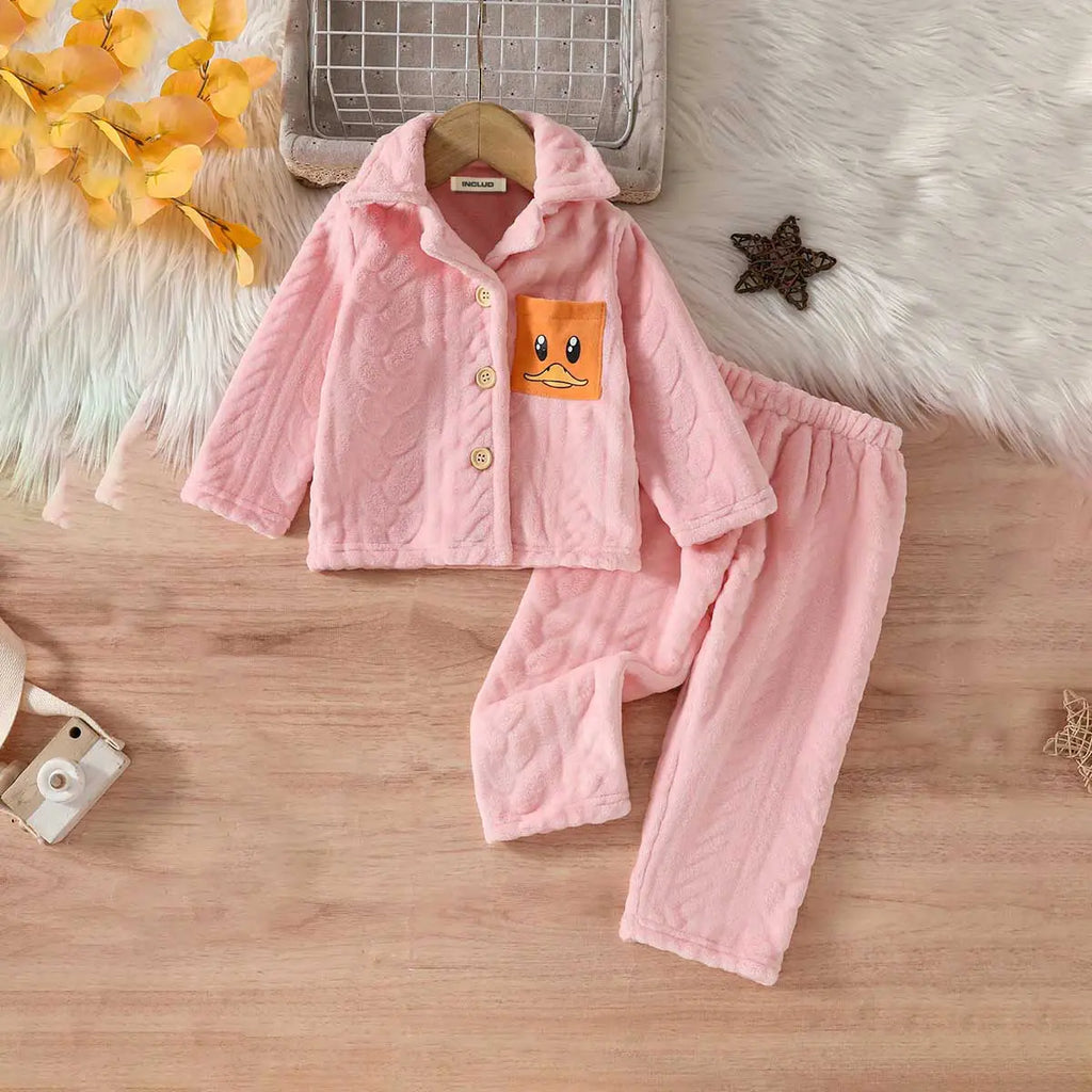 Girls Pink Self-Design Duck Print Fleece Sleepwear Set 2 pc. Sets Pink 1-2 Y