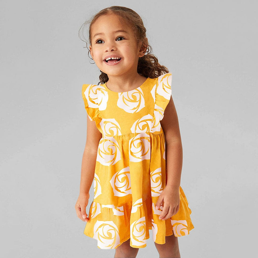 Girls Flower Printed Short Sleeve Fit & Flare Dress Casual Dresses Yellow 1-2 Y 