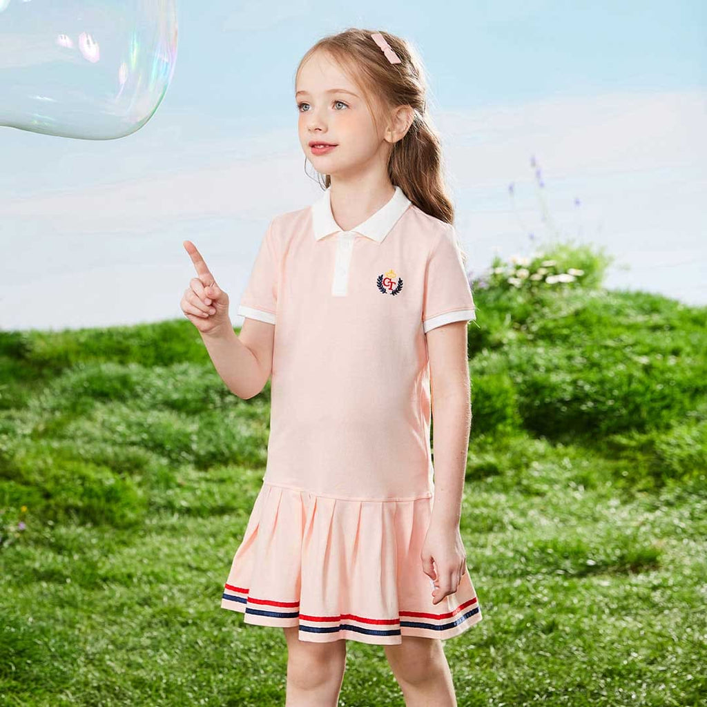 Girls Short Sleeve Polo Drop Waist Dress Casual Dresses Pink 1-2 Y 