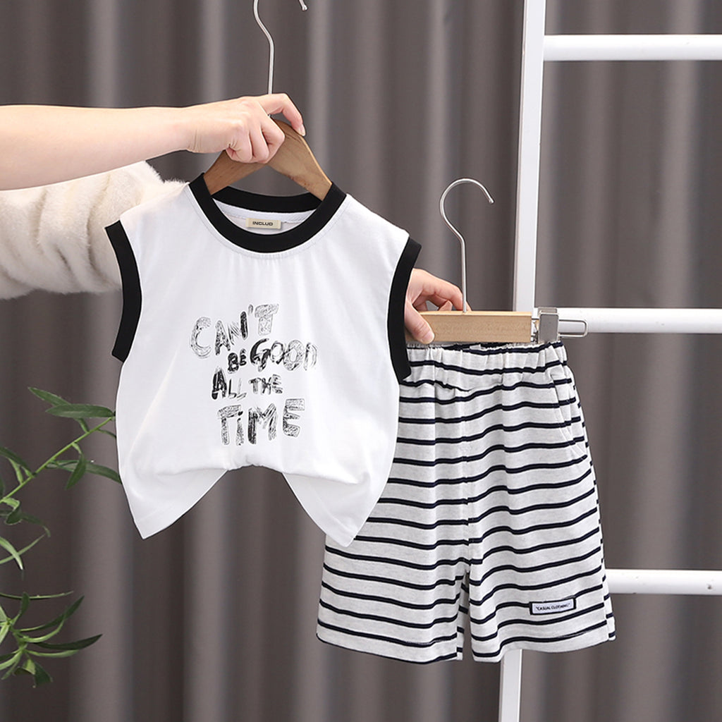 Boys White Alphabet Printed Sleeveless T-Shirt With Striped Shorts Set 2 pc. Sets White 1-2 Y