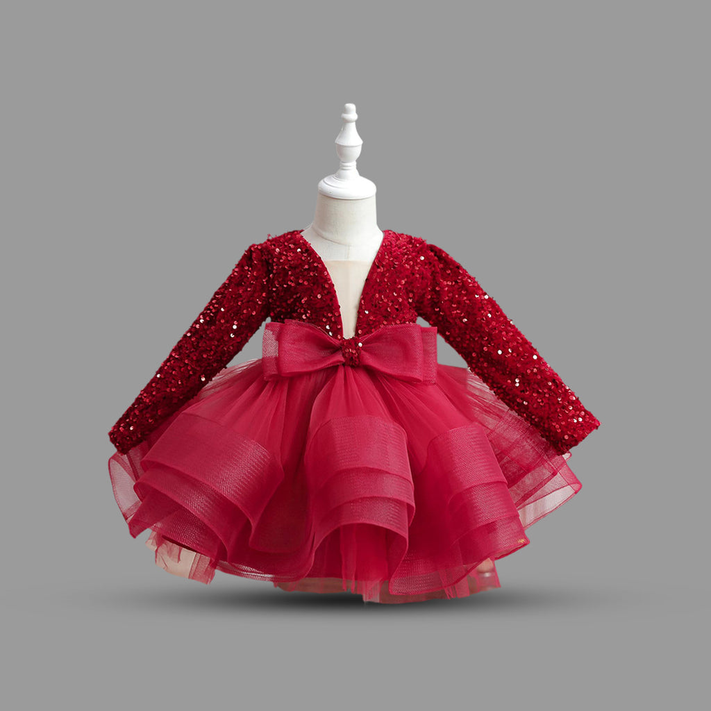 Girls Sequins Embellished Long sleeve Party Dress Party Dresses Maroon 2-3 Y 