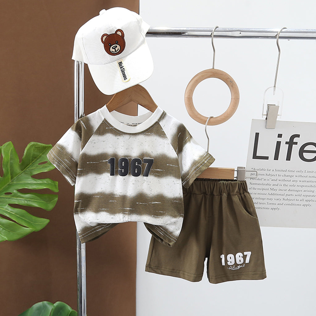 Boys Olive Striped Short Sleeves Round Neck T-Shirt With Shorts Set 2 pc. Sets Olive 1-2 Y