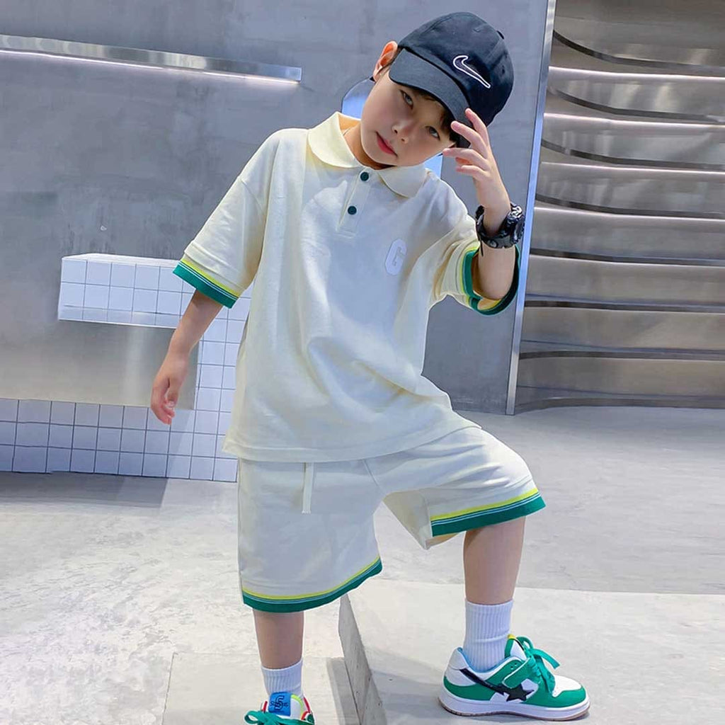 Boys Rib Cuff Polo T-Shirt With Shorts Set 2 pc. Sets Beige 3-4 Y 