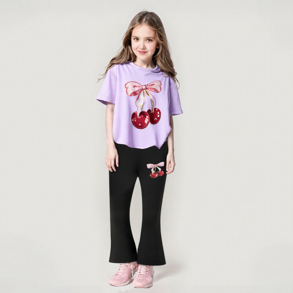 Girls Purple Cherry Printed T-Shirt With Pants Set 2 pc. Sets Purple 7-8 Y