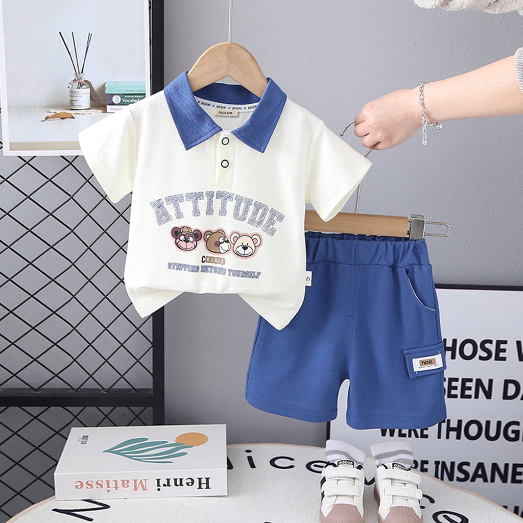 Boys Printed Contrast Collared Polo T-Shirt With Blue Shorts Set 2 pc. Sets Blue 1-2 Y