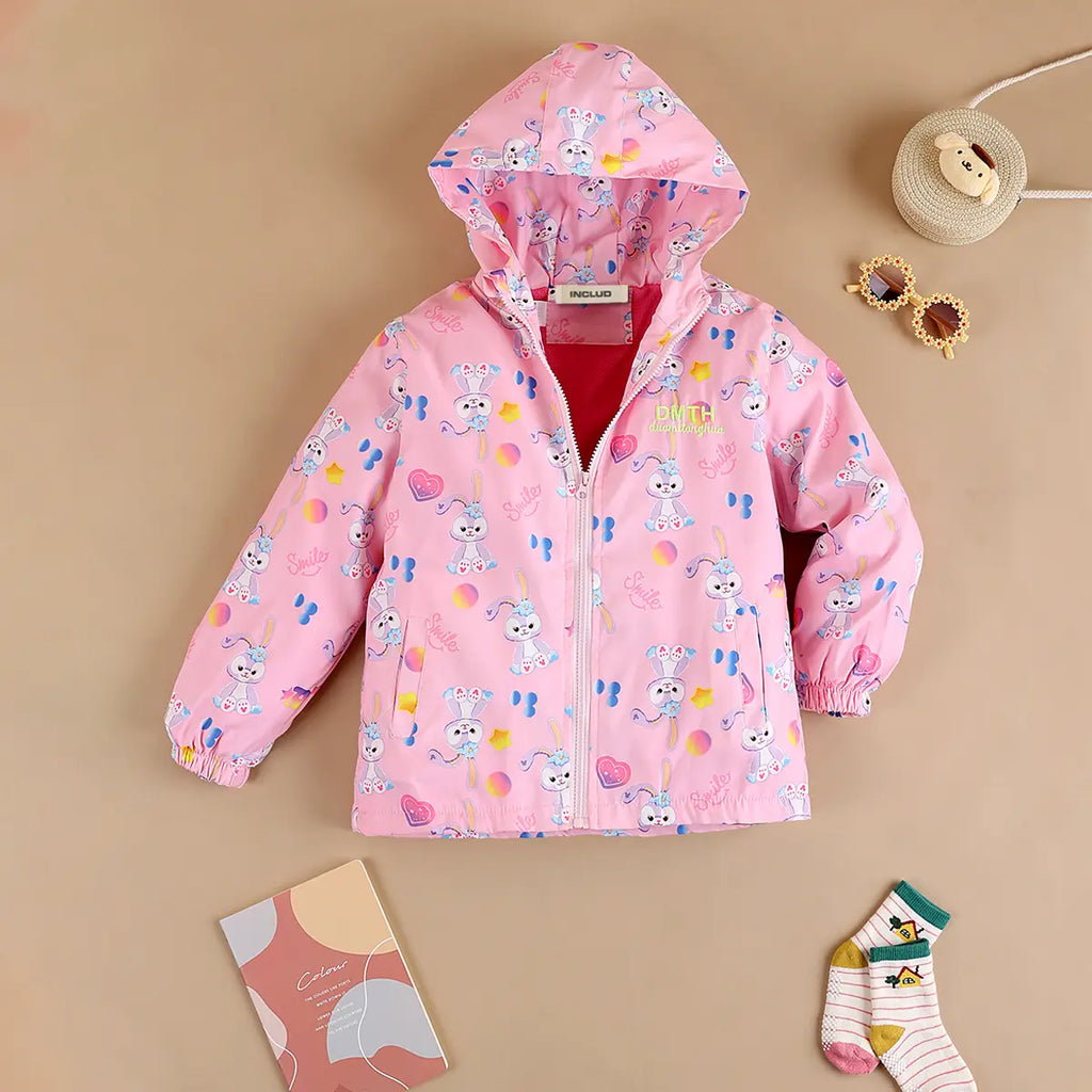 Girls Pink Rabbit Cartoon Printed Hooded Zipper Jacket Coats & Jackets Pink 3-4 Y