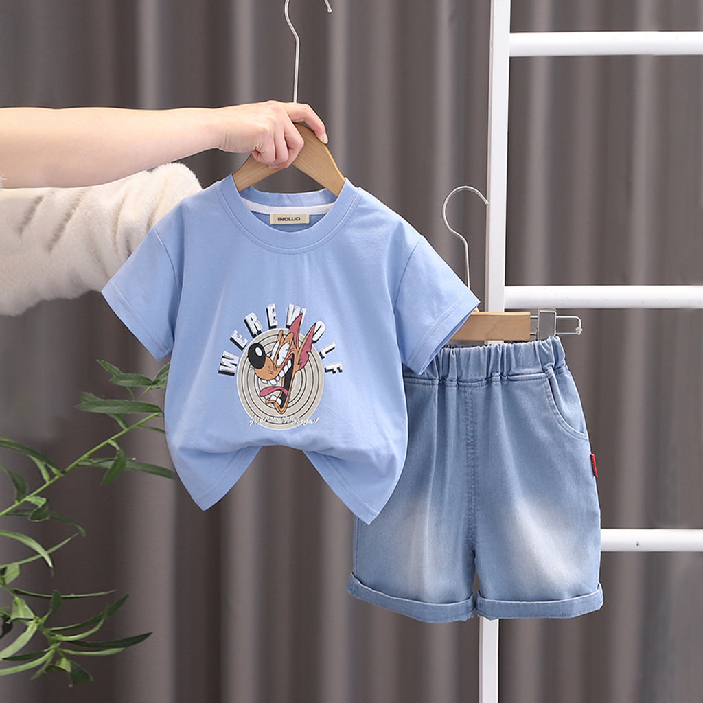 Boys Animal Printed Blue T-Shirt With Denim Shorts Set 2 pc. Sets Blue 1-2 Y