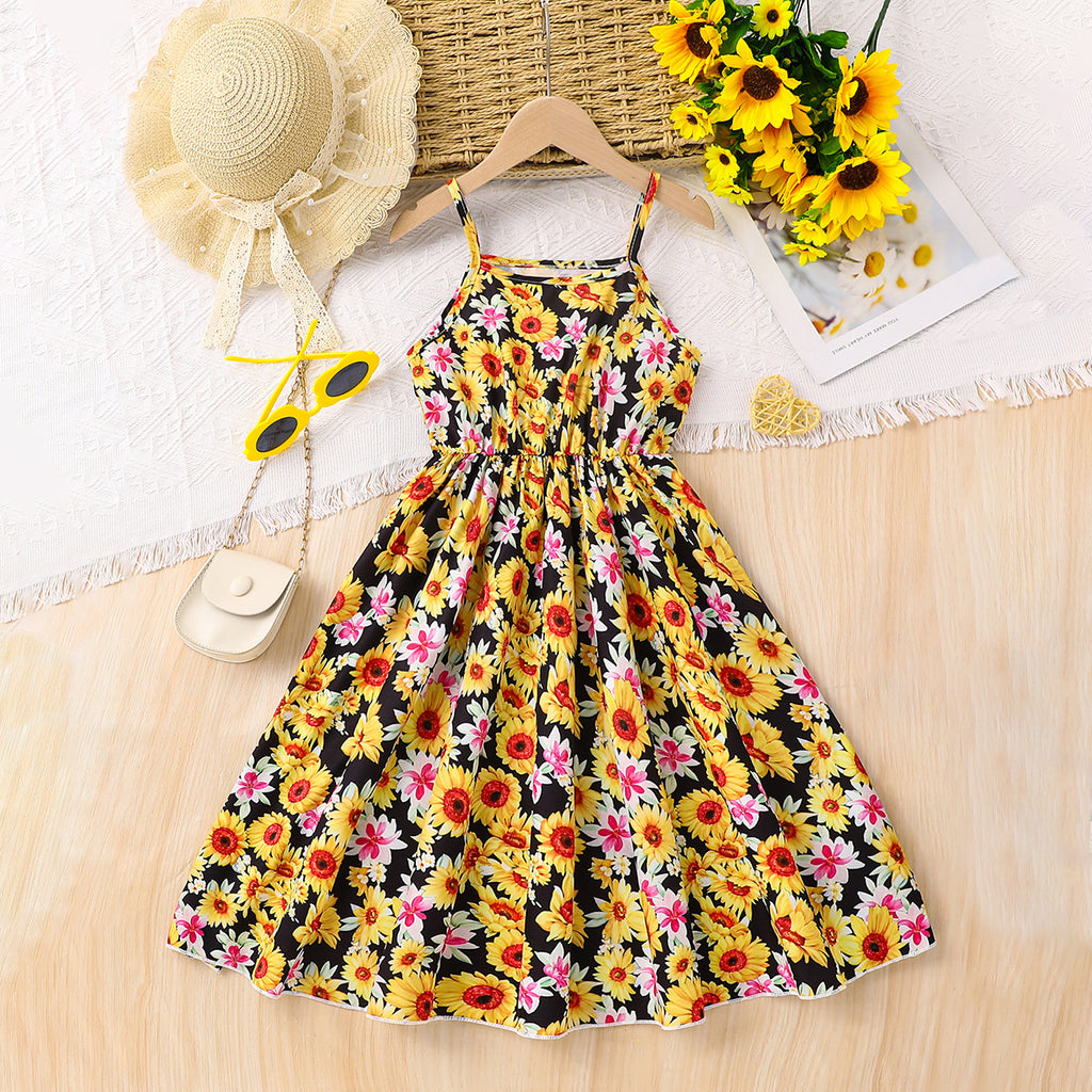 Girls Yellow Floral Printed Summer Midi Sundress Casual Dresses Yellow 3-4 Y