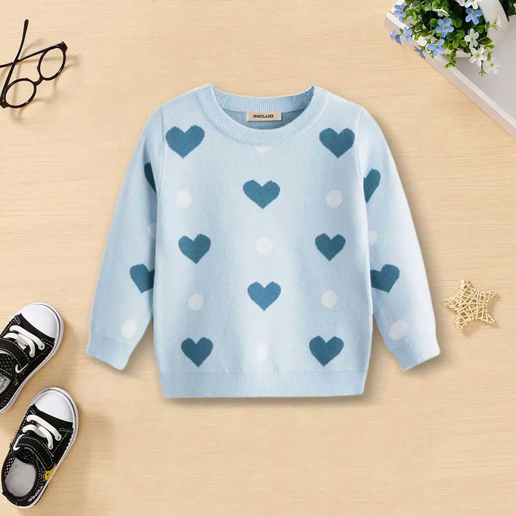 Girls Sky Blue Sweater With Self-Design Heart Patterns Sweaters & Cardigans Sky Blue 3-4 Y