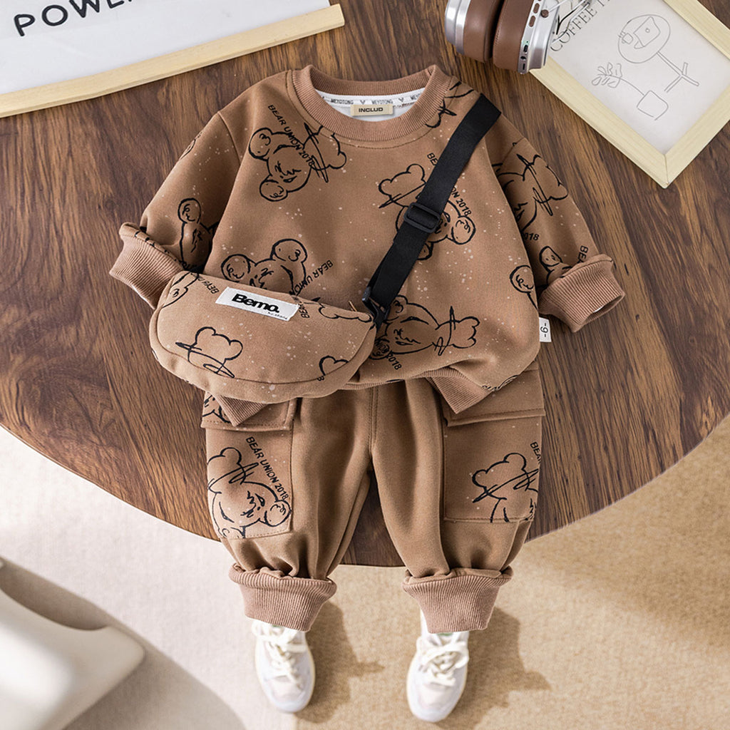 Boys Brown Bear Printed Sweatshirt With Sling Bag & Jogger Co-ord Set Sets Brown 1-2 Y