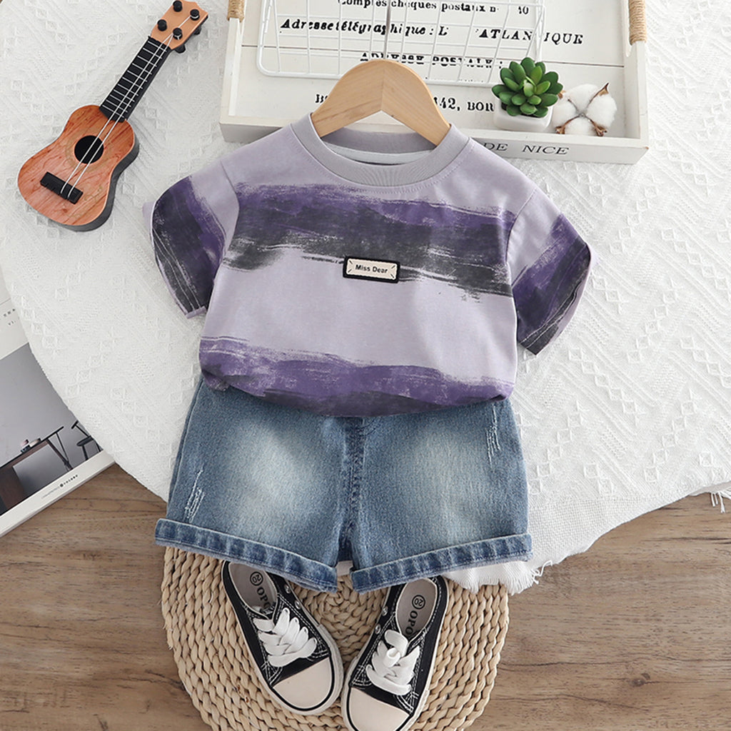 Boys Purple Striped Short Sleeves T-Shirt With Denim Shorts Set 2 pc. Sets Purple 1-2 Y