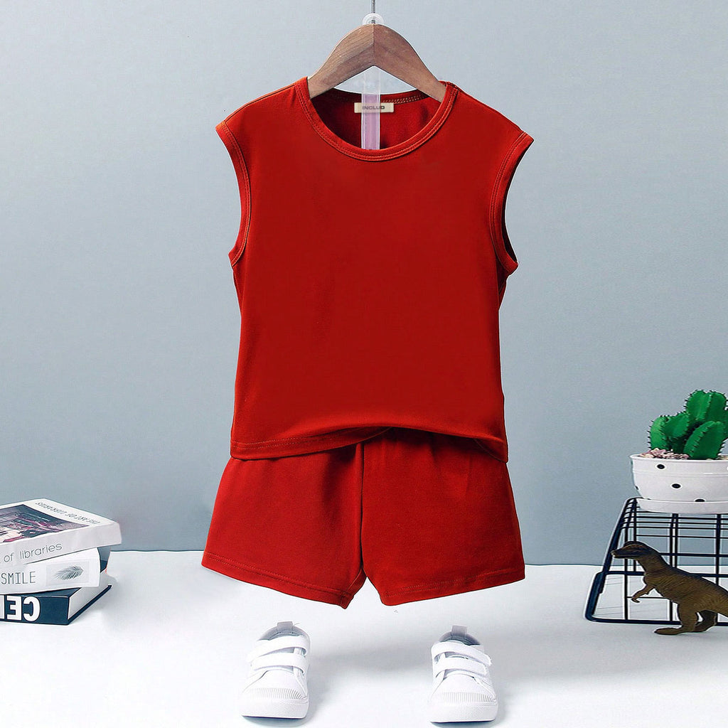 Boys Red Sleeveless Round Keck T-Shirt With Elasticated Shorts Set 2 pc. Sets Red 3-4 Y