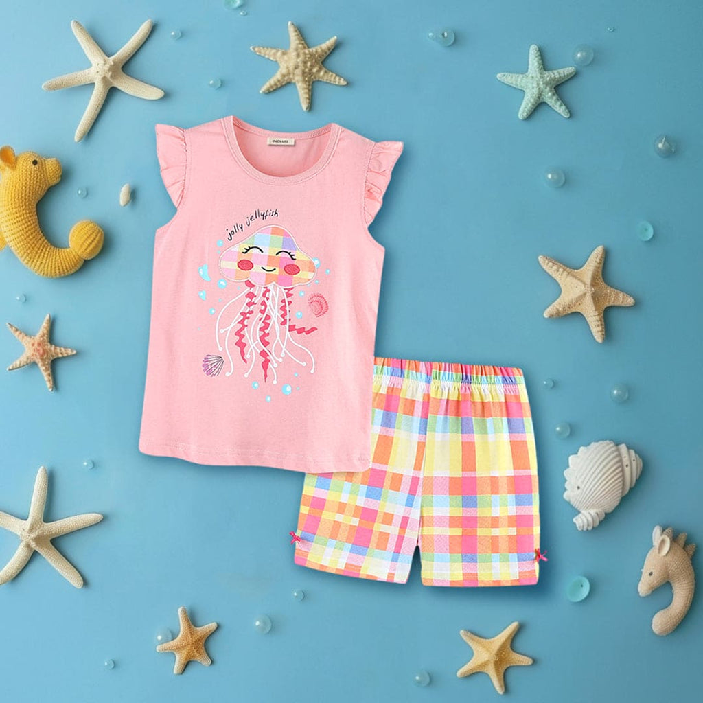 Girls Jellyfish Applique Top With Check Shorts 2 pc. Sets Pink 1-2 Y 
