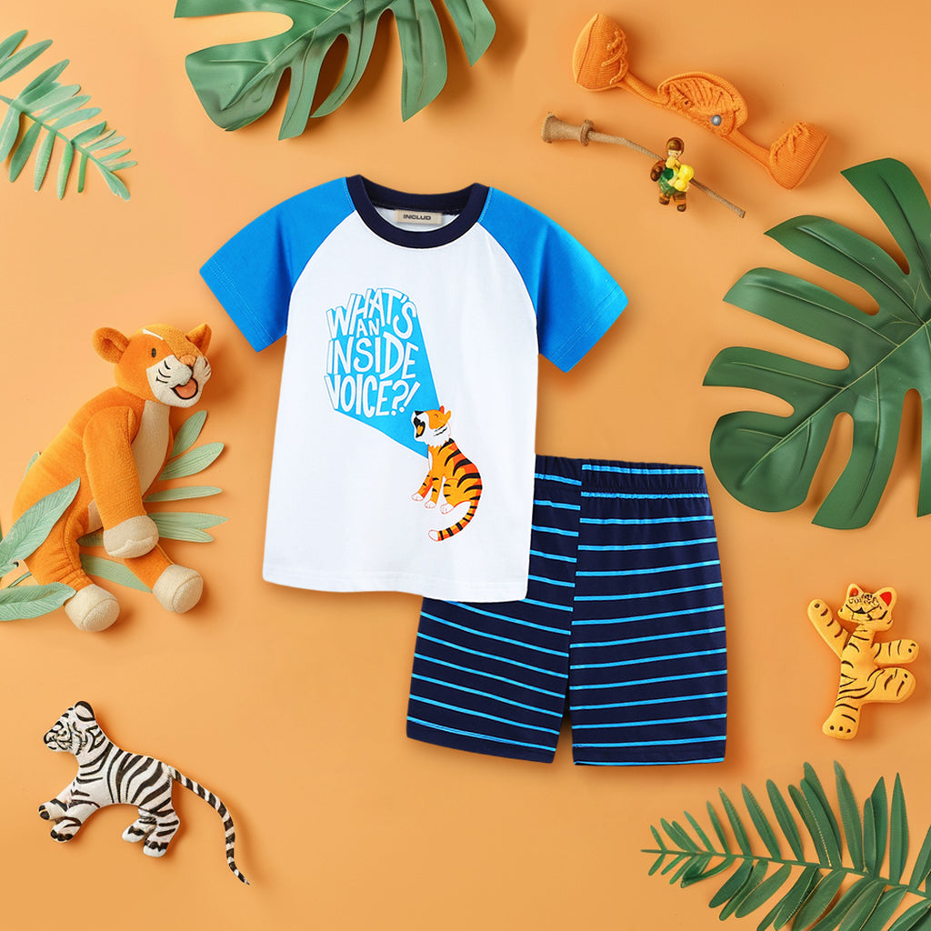 Boys Raglan Sleeve T-Shirt With Striped Shorts Set Sets Blue 1-2 Y 