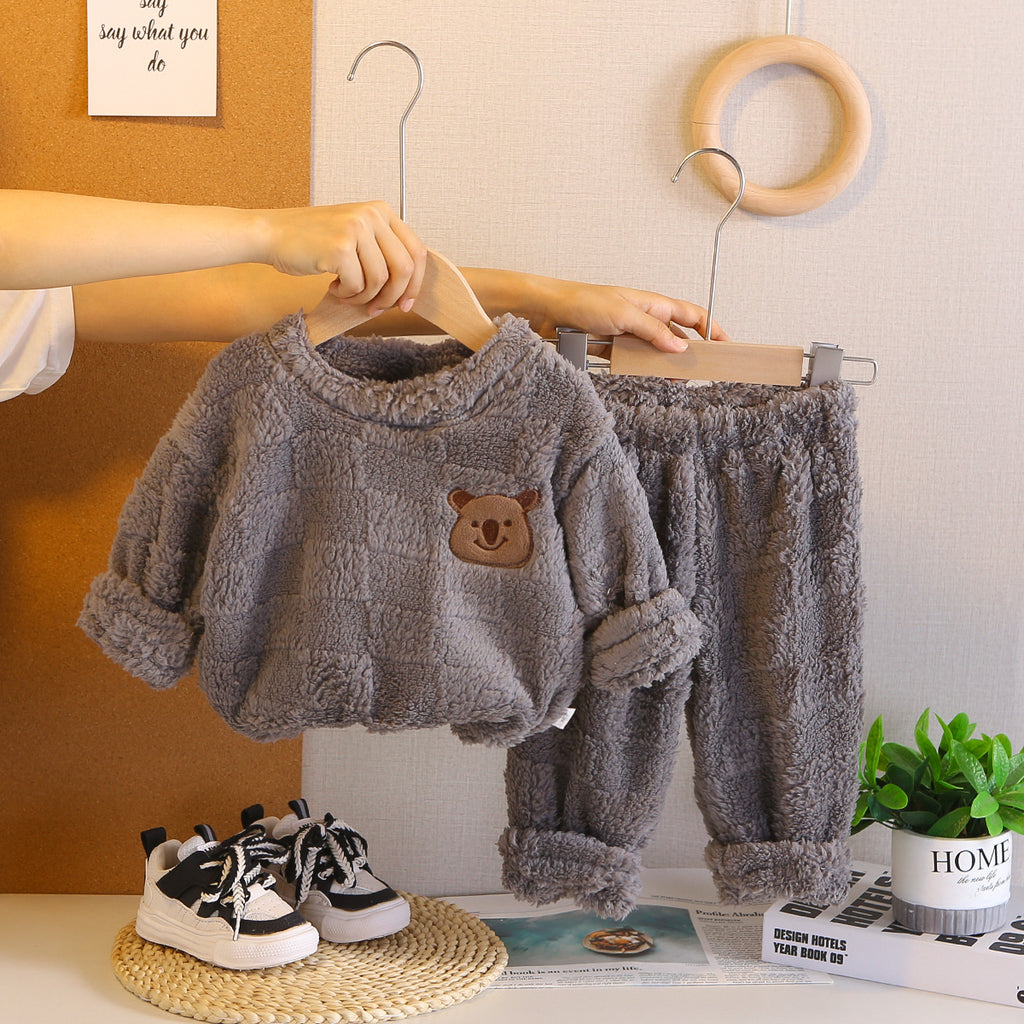 Boys Grey Fleece Self-Design Sweatshirt With Jogger Sets Sets Grey 1-2 Y
