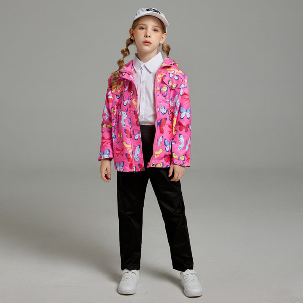 Girls Dark Pink Butterfly Printed Front Zipper Hooded Jacket Coats & Jackets Dark Pink 2-3 Y