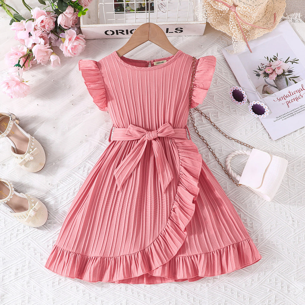 Girls Peach Flutter Sleeves Round Neck Dress Casual Dresses Peach 3-4 Y