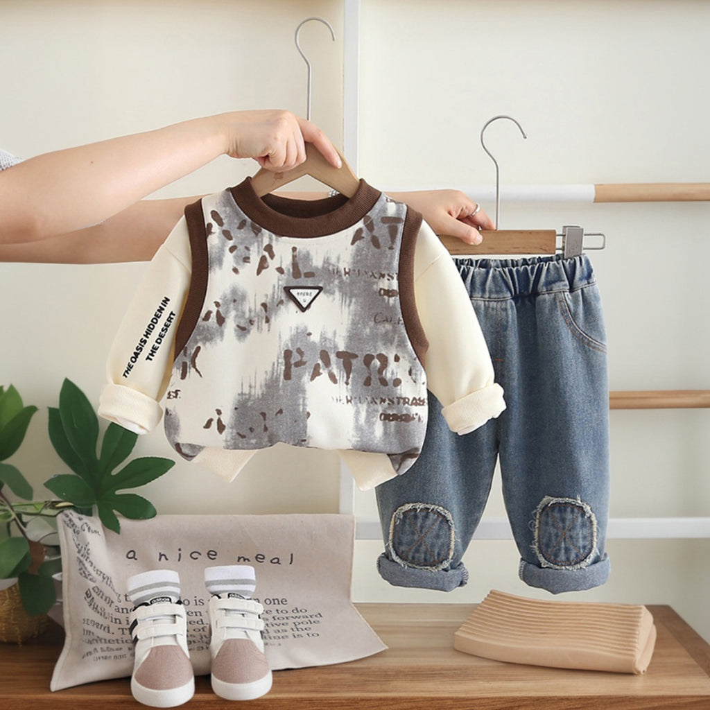 Boys Brown Abstract Printed Sweatshirt With Denim Trousers Sets 2 pc. Sets Brown 1-2 Y