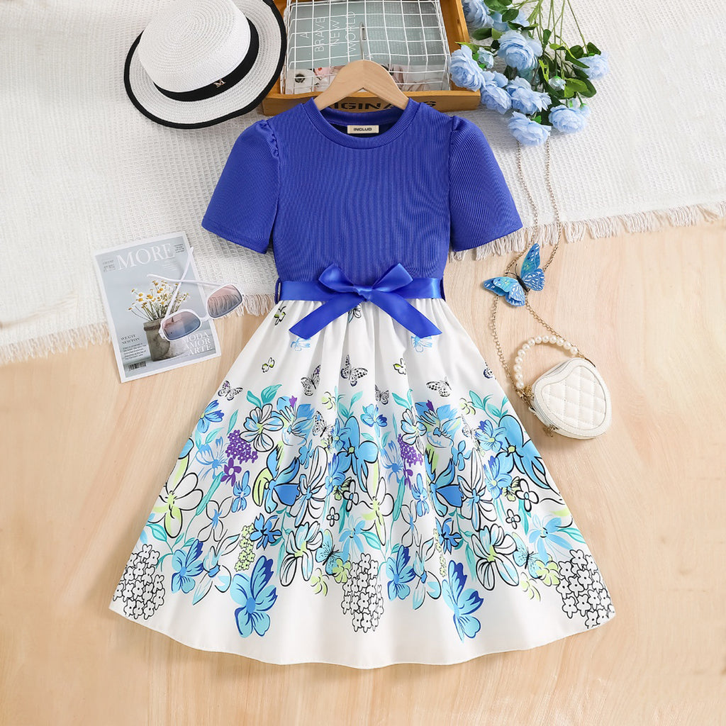Girls Blue Floral Printed Short Sleeves Fit And Flared Midi Casual Dress Casual Dresses Blue 3-4 Y