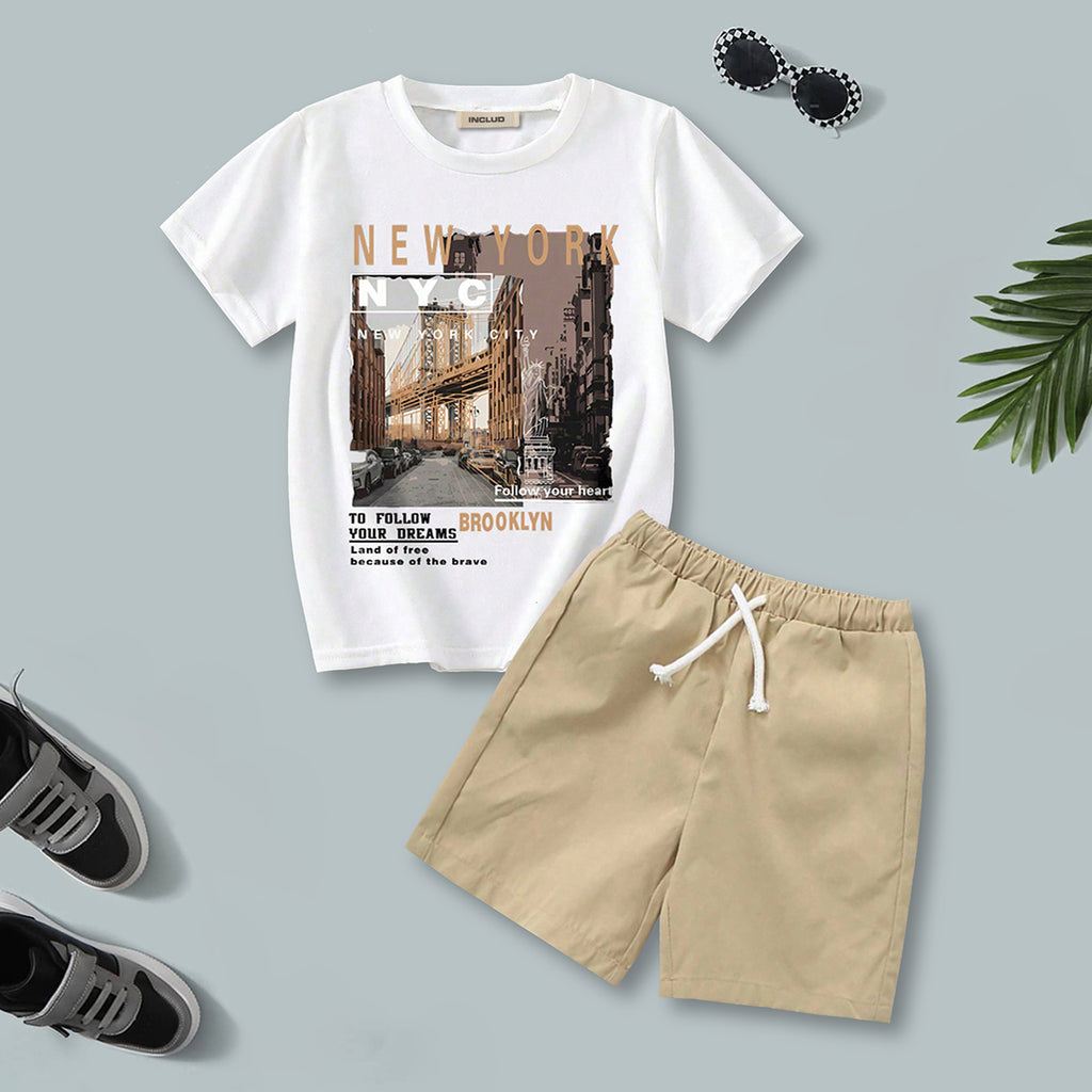 Boys Short Sleeve New York Graphics T-Shirt With Khaki Shorts Set 2 pc. Sets Khaki 7-8 Y